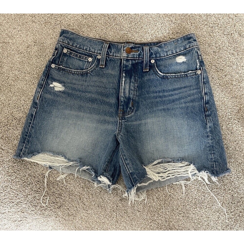 Madewell Womens Blue High Rise Relaxed Mid Length Cut Off Denim Shorts Sz 26